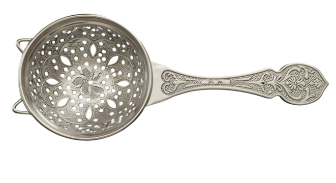 vintage silver tea strainer with intricate handle design on transparent background