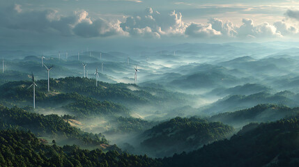 eco concept misty forest with wind turbines showcasing clean energy renewable power sustainability environment protection and harmony between nature and technology