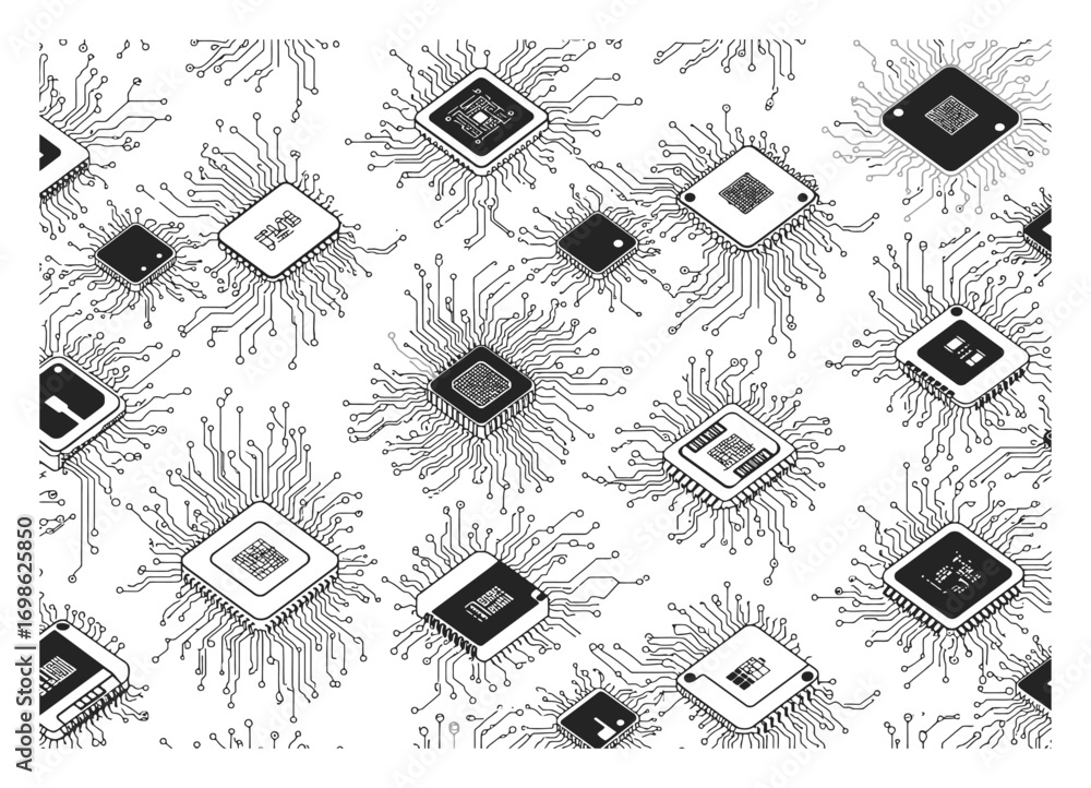 Aufkleber microchip pattern vector, seamless tech background