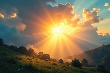 Golden sunlight streams through gaps in fluffy clouds, illuminating a vibrant landscape below  A breathtaking display of nature's radiant energy ,  picturesque,  sunlit,  energy source