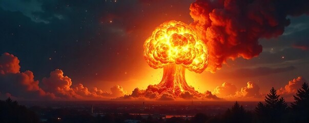 Spectacular fiery fireball explosion with intense heat and vibrant orange, yellow, and red hues against a dark night sky Perfect for fantasy, sci-fi, or disaster themes , powerful, heat, combustion