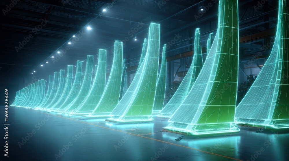 Poster a vibrant visual of freshly produced wind turbine blade sections arranged neatly in a factory settin
