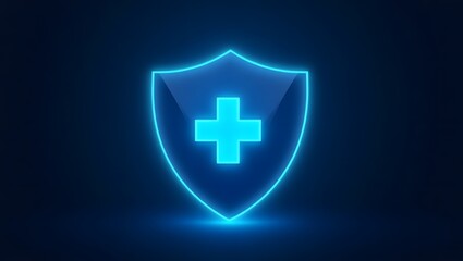 Obraz premium Health Theme, Blue shield icon with glowing cross, symbol of health protection