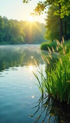 Serene lakeside scene with gently swaying reeds, sunlight dappling the calm water, perfect for a peaceful escape and ultimate relaxation , rest, vacation