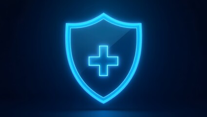 Obraz premium Health Theme, Blue shield icon with glowing cross, symbol of health protection