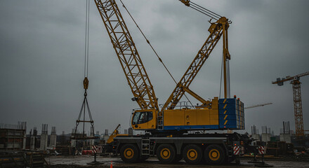 Tower Crane in Action Lifting Materials at Urban Building Construction Site