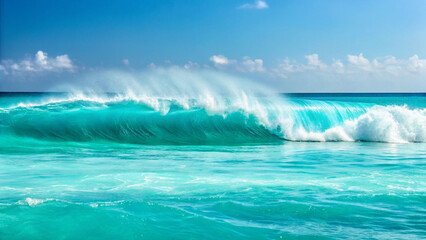 Powerful Turquoise Ocean Wave Crashing with White Spray under a Blue Sky water