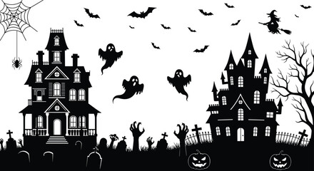 Halloween haunted houses with ghosts, flying witch, bats, graveyard, pumpkins, spider web, creepy hands, spooky tree, and tombstones