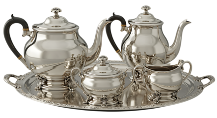 elegant silver tea set on tray on transparent background