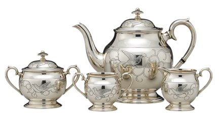 elegant silver tea set with intricate designs on transparent background