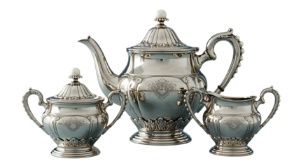 elegant silver tea set with intricate designs on transparent background