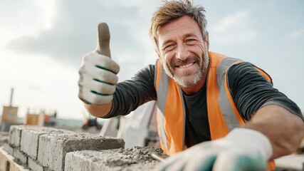 Сonstruction worker in safety vest works with bricks, then looks at camera and gives thumbs up For construction videos, workplace safety and success, advertising of construction materials and services