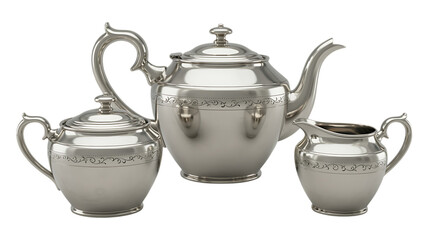 elegant silver tea set displayed on transparent background