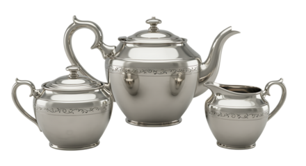 elegant silver tea set displayed on transparent background