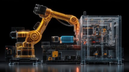 A side view of an automated robotic arm in an assembly cell delicately attaching an ADSB transponder to a drone while maintaining precision and speed in the workflow.