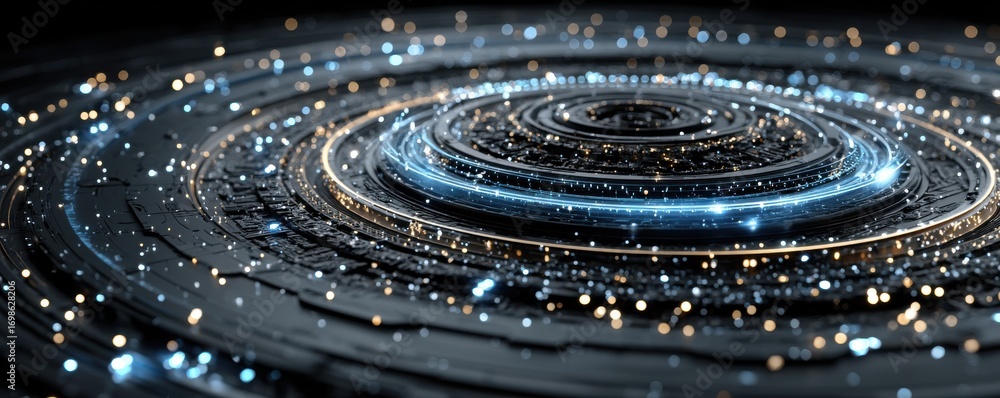 Poster futuristic digital background with luminous lights and concentric patterns