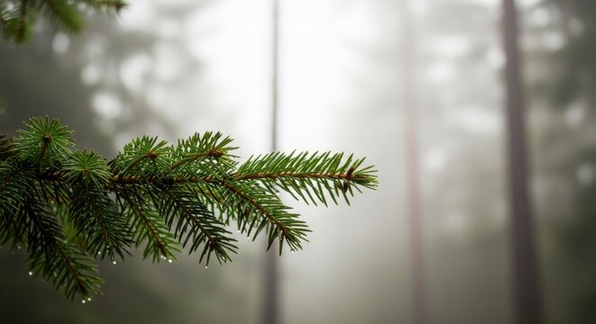 Close-up of pine branch with rain droplets in misty forest