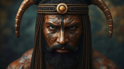 Obraz premium Powerful Shaman Portrait with Horns and Tattoos