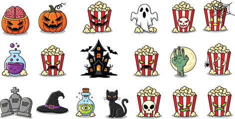 Halloween popcorn character icons, spooky cartoon snacks, creepy Halloween treats, fun scary faces, haunted food illustration, festive horror elements