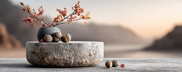 Minimalist round stone pedestal with autumn decor in a serene background