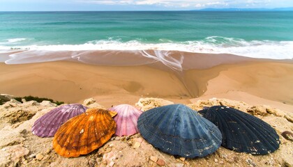 Seashells on coastal cliff overlooking waves