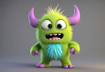 Adorable Green Furry Monster with Purple Horns Cartoon Character A cute furry green monster with big round eyes, purple horns, and a tuft of spiky yellow hair. It stands smiling on a grey background.