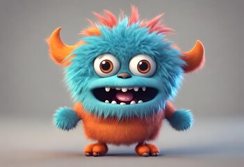 Playful Blue and Orange Fuzzy Monster with Cartoon Horns A cheerful blue and orange fluffy monster with small arms, big eyes, and orange horns, smiling brightly.