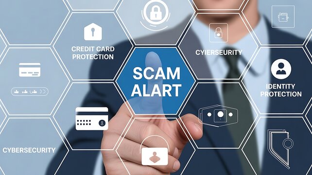 Protect yourself from online fraud with this digital scam alert, showing cybersecurity and identity protection