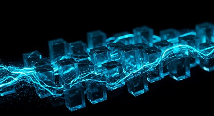 Futuristic Data Blocks with Cyan Electrical Currents and Digital Particles