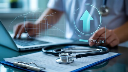 Modern healthcare professional using laptop to analyze data with stethoscope and digital growth charts