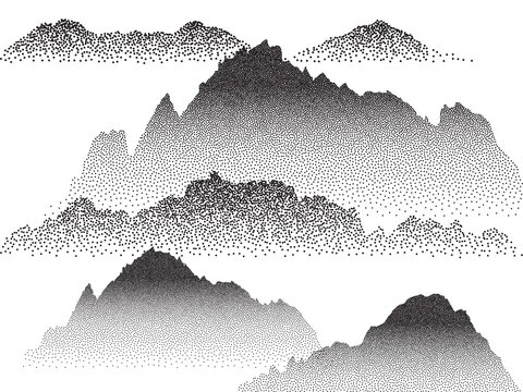 Vintage-style snowy hills with grainy noise, abstract dotted mountain range and pointillist grunge texture overlay. Mounted landscape in retro halftone vector illustration - 1