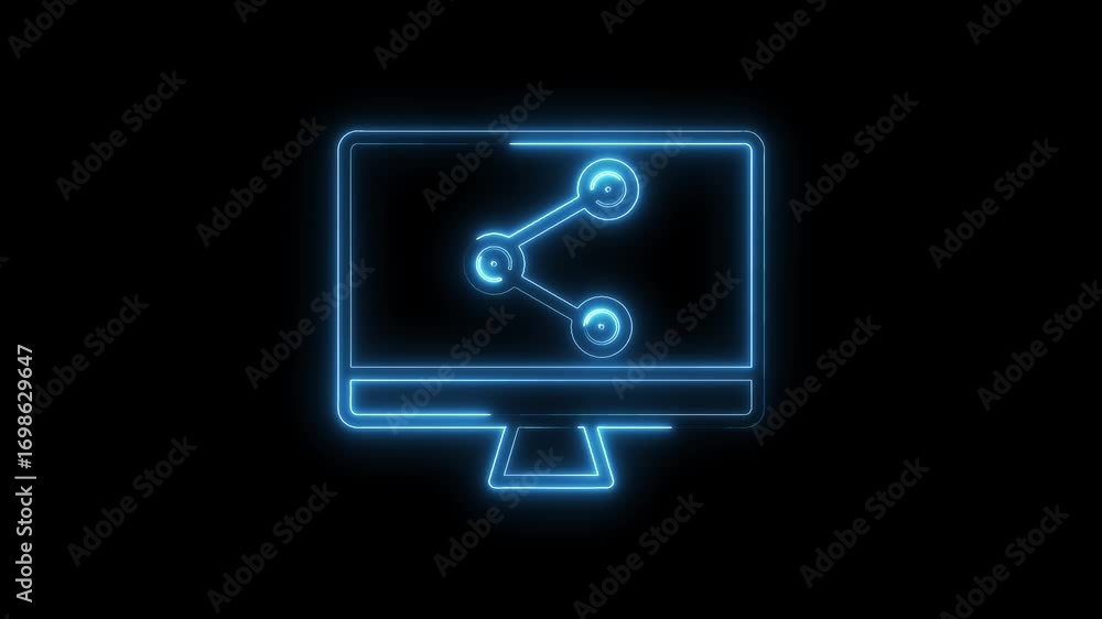 Poster neon computer screen displaying network connection symbol on a dark background animation