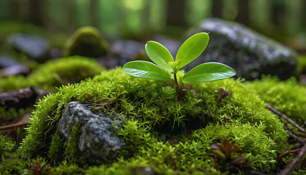 Fototapeta Vibrant Green Plant Sapling Growing on a Mossy Forest Floor   Close-Up Macro Shot   Can be used for themes of new beginnings, growth, and nature conservation.