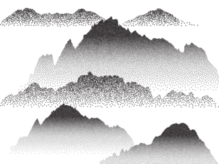 transparent Vintage-style snowy hills with grainy noise, abstract dotted mountain range and pointillist grunge texture overlay. Mounted landscape in retro halftone vector illustration - 1