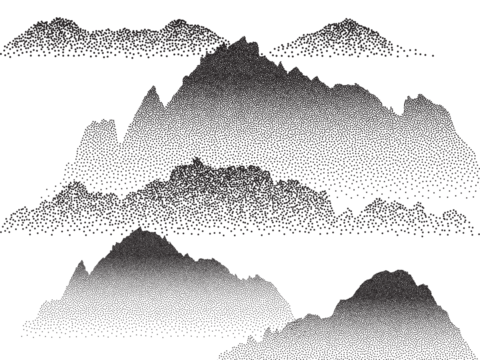 transparent Vintage-style snowy hills with grainy noise, abstract dotted mountain range and pointillist grunge texture overlay. Mounted landscape in retro halftone vector illustration - 1