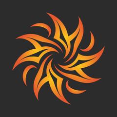 Swirling orange and yellow tribal flame pattern on dark gray background abstract