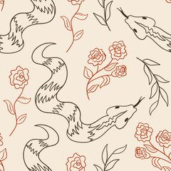 Seamless mystical pattern with roses and snakes. Vector boho background in line art style. Decorative bohemian design for textile, wallpaper, wrapping paper, etc.