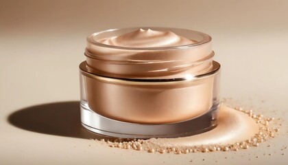 Close-up of a jar of beige face cream with loose powder around it.