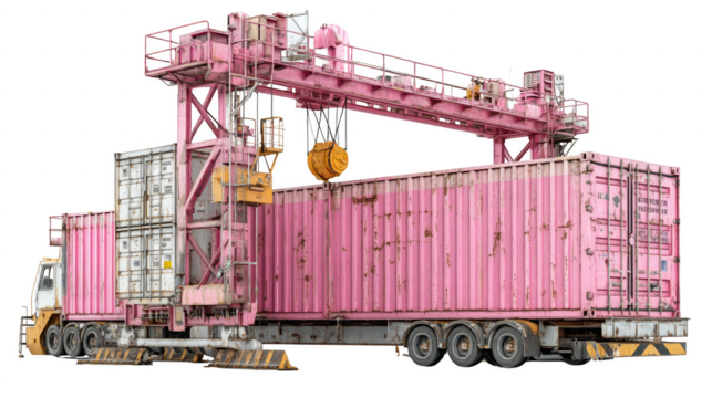 A pink truck with a crane on top of it