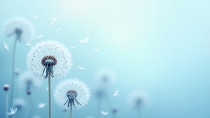 White Dandelion Flowers with Seeds Blowing in Wind &ndash; Blue Sky Background Illustration