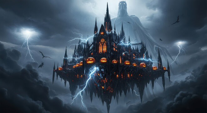 Floating gothic castle with lightning and stormy sky
