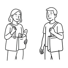 Couple holding shopping bags with groceries woman