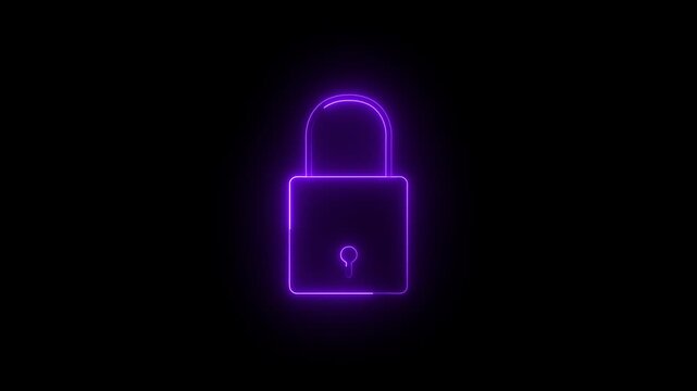 Glowing neon lock and password icon animation. security encryption privacy padlock protection sign symbol. neon unlocked padlock icon. Neon sign lock technology icon animation.