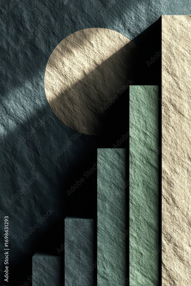 Poster abstract geometric composition with textured bars and circular shadows