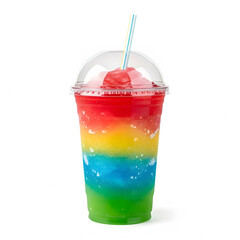 A vibrant rainbow-colored slushy drink in a clear plastic cup with a dome lid and a straw, topped with a cherry.