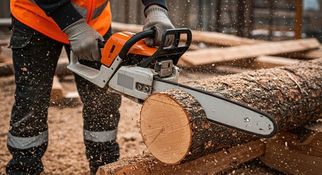 Worker cutting a large log with a chainsaw, with sawdust flying and safety gear visible.Concept of forestry and heavy-duty woodworking.