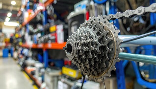 Bicycle Cassette and Chain with Shelving Background