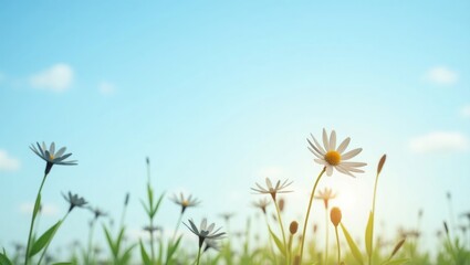 Daisy Flower in Bloom on Meadow Field with Blue Sky