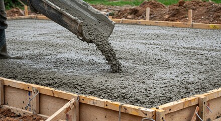 Obraz premium Fresh concrete slab being finished, showing the textured surface and the work in progress.Concept of civil engineering and concrete construction.