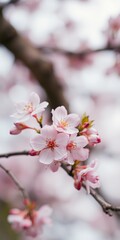 Delicate pink cherry blossom flowers blooming on a branch in soft focus springtime nature